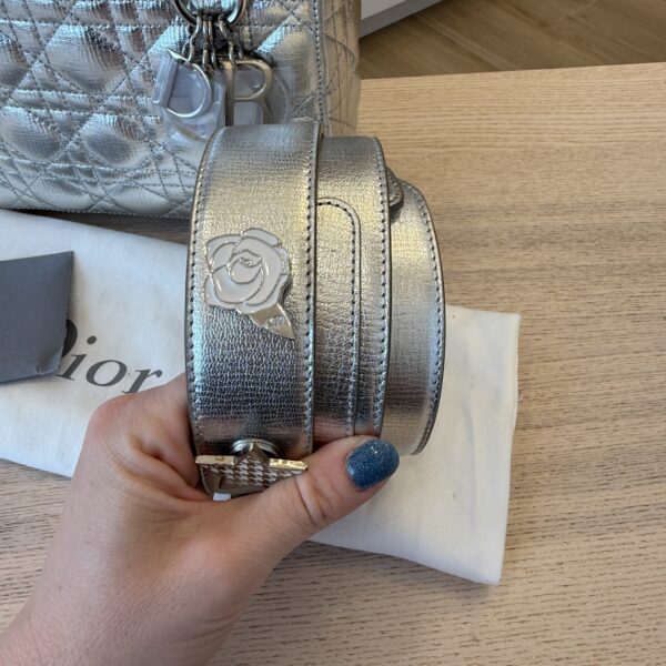 Christian Dior Metallic Grained Calfskin Cannage Small Lady Dior Silver Silver Hardware
