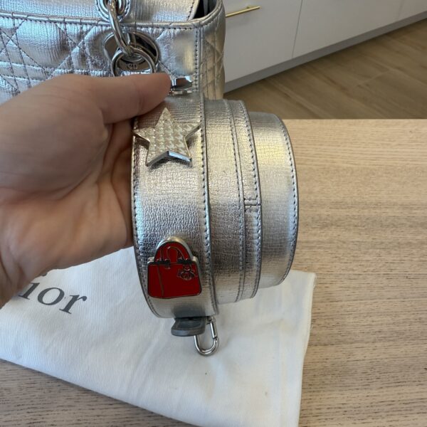 Christian Dior Metallic Grained Calfskin Cannage Small Lady Dior Silver Silver Hardware