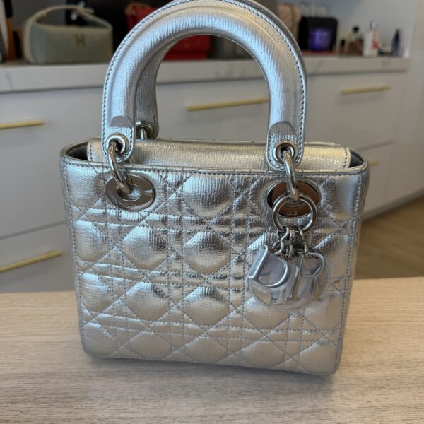 Christian Dior Metallic Grained Calfskin Cannage Small Lady Dior Silver Silver Hardware