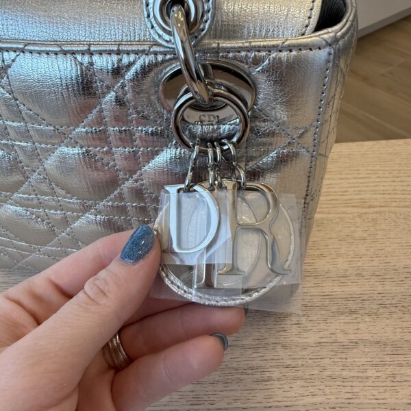 Christian Dior Metallic Grained Calfskin Cannage Small Lady Dior Silver Silver Hardware