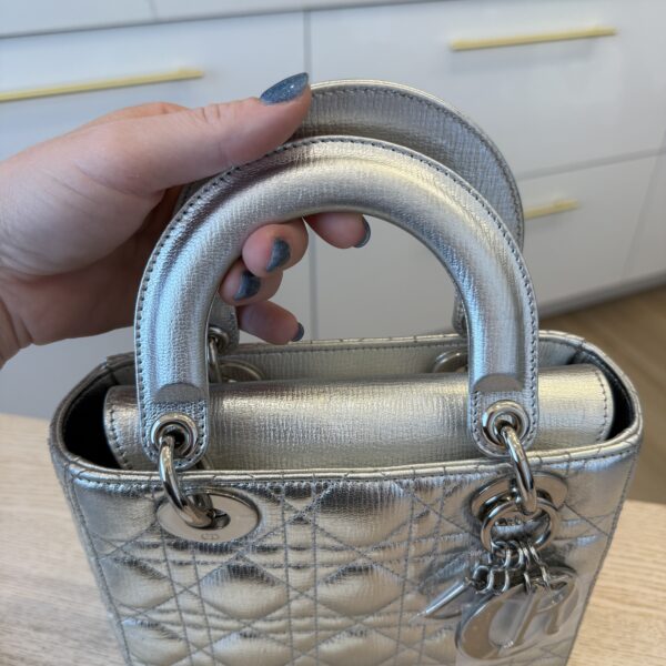 Christian Dior Metallic Grained Calfskin Cannage Small Lady Dior Silver Silver Hardware
