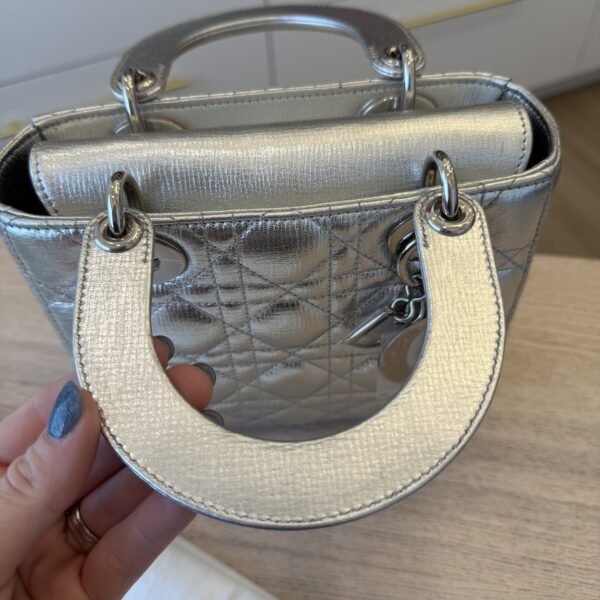 Christian Dior Metallic Grained Calfskin Cannage Small Lady Dior Silver Silver Hardware