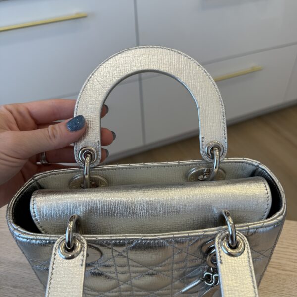 Christian Dior Metallic Grained Calfskin Cannage Small Lady Dior Silver Silver Hardware