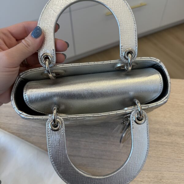 Christian Dior Metallic Grained Calfskin Cannage Small Lady Dior Silver Silver Hardware