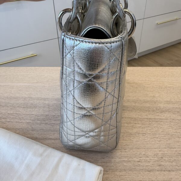 Christian Dior Metallic Grained Calfskin Cannage Small Lady Dior Silver Silver Hardware