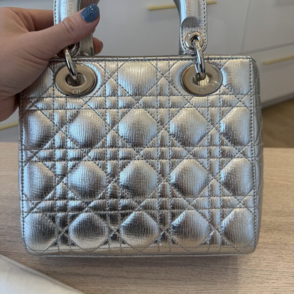 Christian Dior Metallic Grained Calfskin Cannage Small Lady Dior Silver Silver Hardware