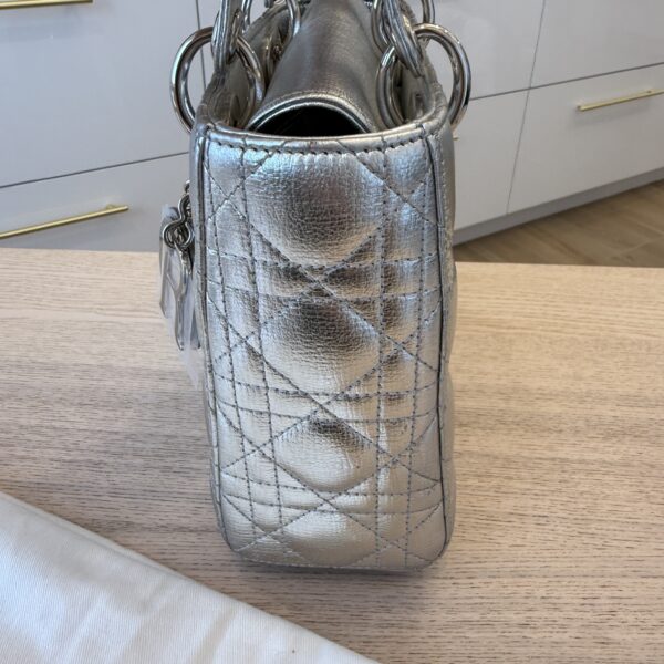 Christian Dior Metallic Grained Calfskin Cannage Small Lady Dior Silver Silver Hardware