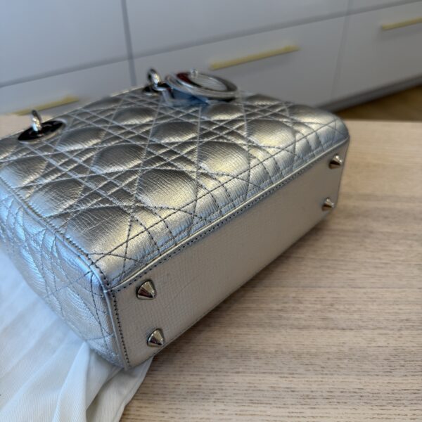 Christian Dior Metallic Grained Calfskin Cannage Small Lady Dior Silver Silver Hardware