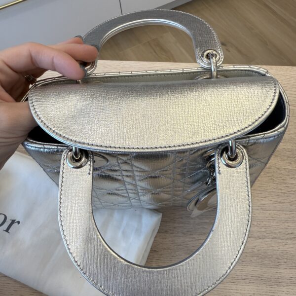Christian Dior Metallic Grained Calfskin Cannage Small Lady Dior Silver Silver Hardware