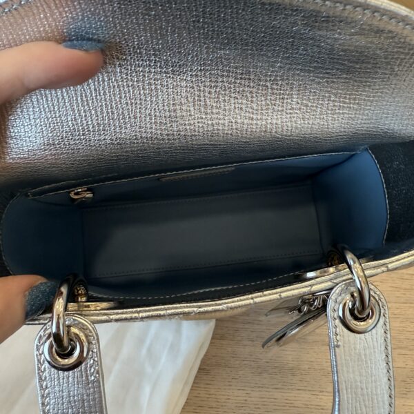 Christian Dior Metallic Grained Calfskin Cannage Small Lady Dior Silver Silver Hardware