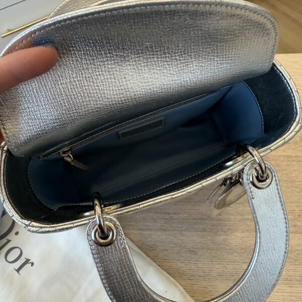 Christian Dior Metallic Grained Calfskin Cannage Small Lady Dior Silver Silver Hardware