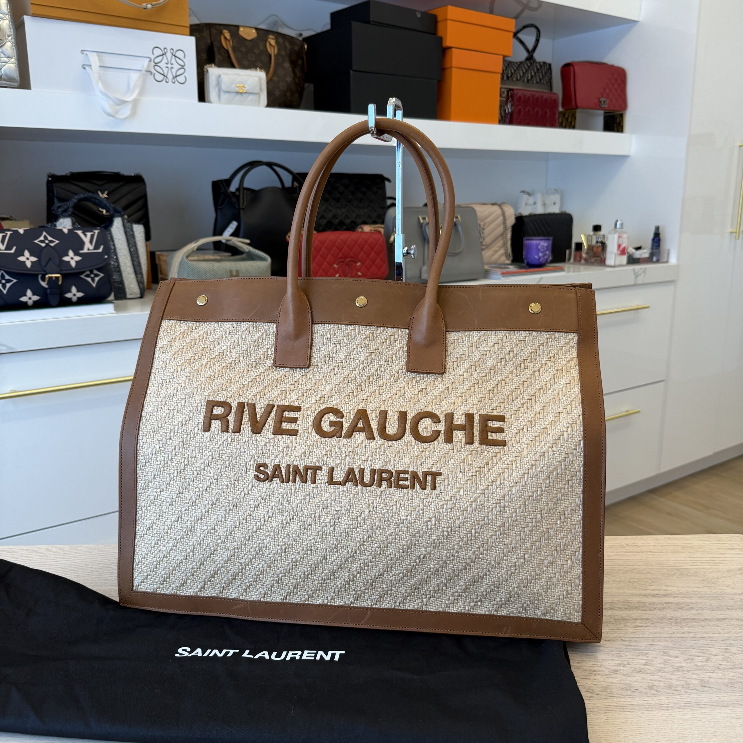 SAINT LAURENT YSL Raffia Calfskin Rive Gauche Tote Naturale Tan