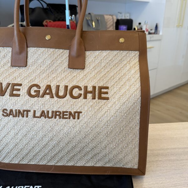 SAINT LAURENT YSL Raffia Calfskin Rive Gauche Tote Naturale Tan