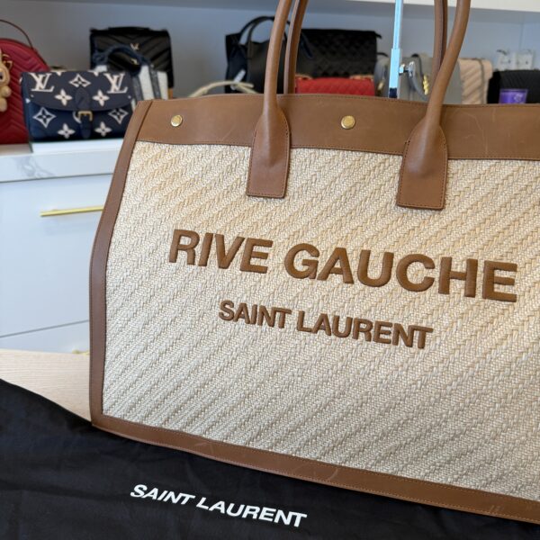 SAINT LAURENT YSL Raffia Calfskin Rive Gauche Tote Naturale Tan