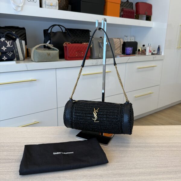 SAINT LAURENT YSL Black Raffia Small Cassandre Tube Bag Gold Hardware