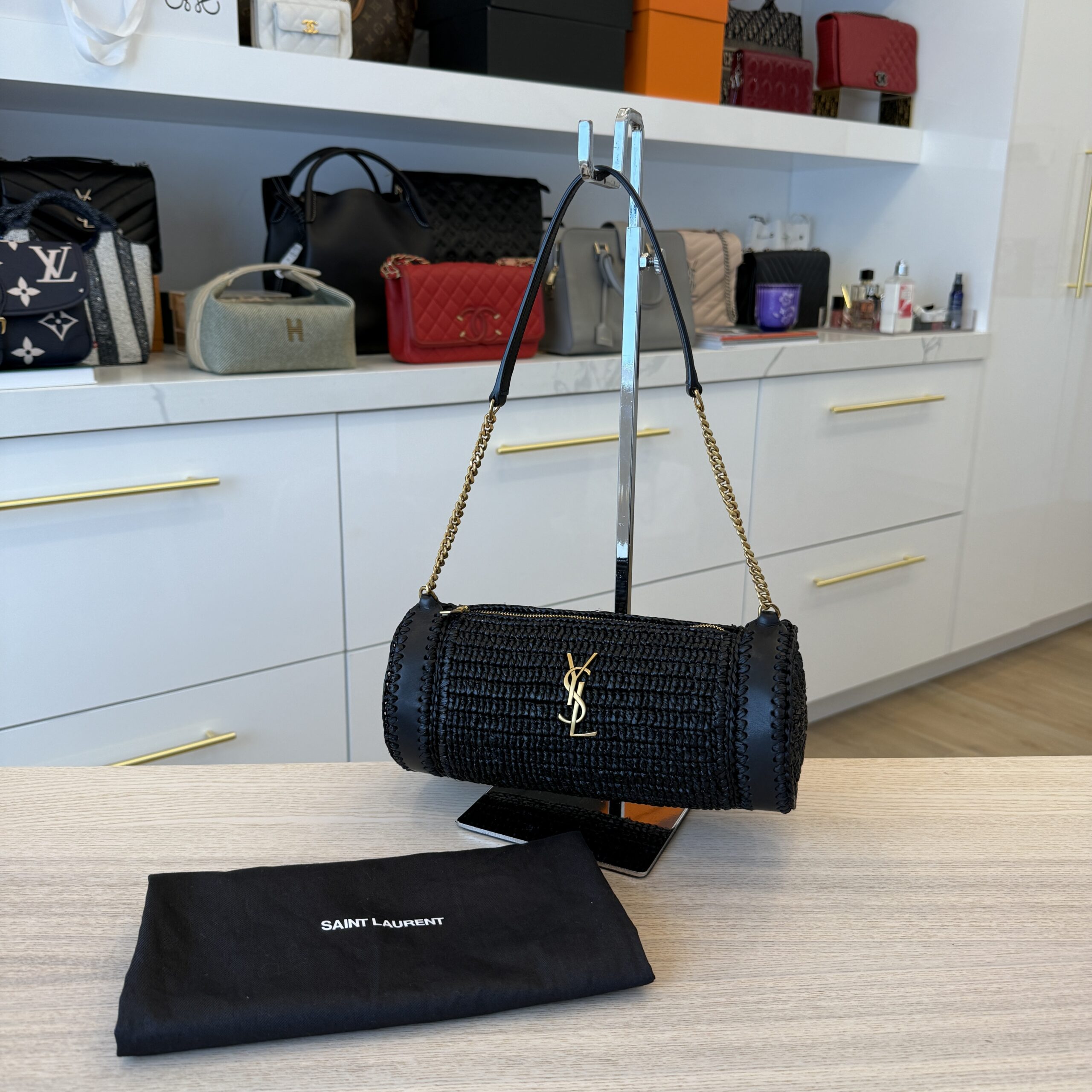 SAINT LAURENT YSL Black Raffia Small Cassandre Tube Bag Gold Hardware