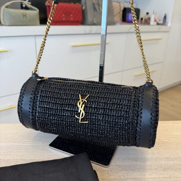SAINT LAURENT YSL Black Raffia Small Cassandre Tube Bag Gold Hardware