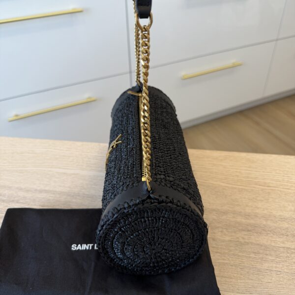 SAINT LAURENT YSL Black Raffia Small Cassandre Tube Bag Gold Hardware