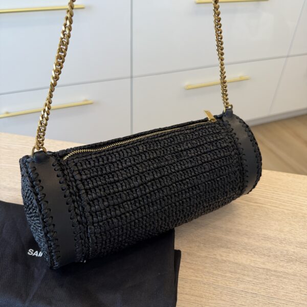 SAINT LAURENT YSL Black Raffia Small Cassandre Tube Bag Gold Hardware