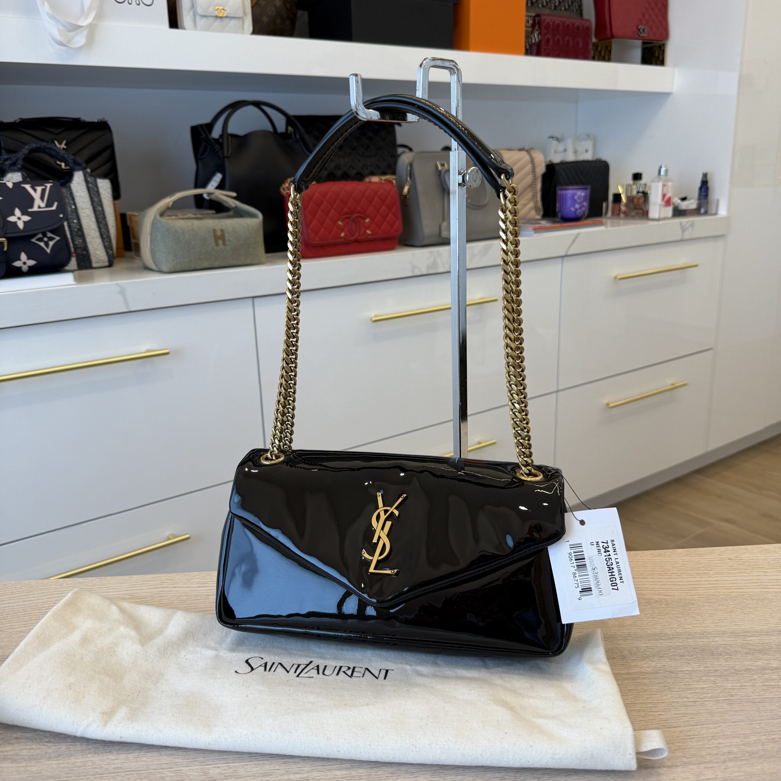 Saint Laurent Calypso Small YSL Shoulder Bag in Patent Padded Leather Black Gold Hardware