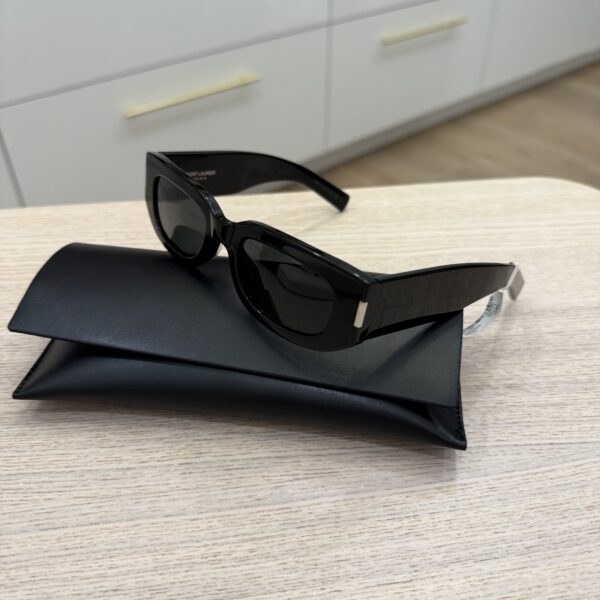 SAINT LAURENT Tonal Logo Acetate Round Sunglasses SHINY SOLID BLACK