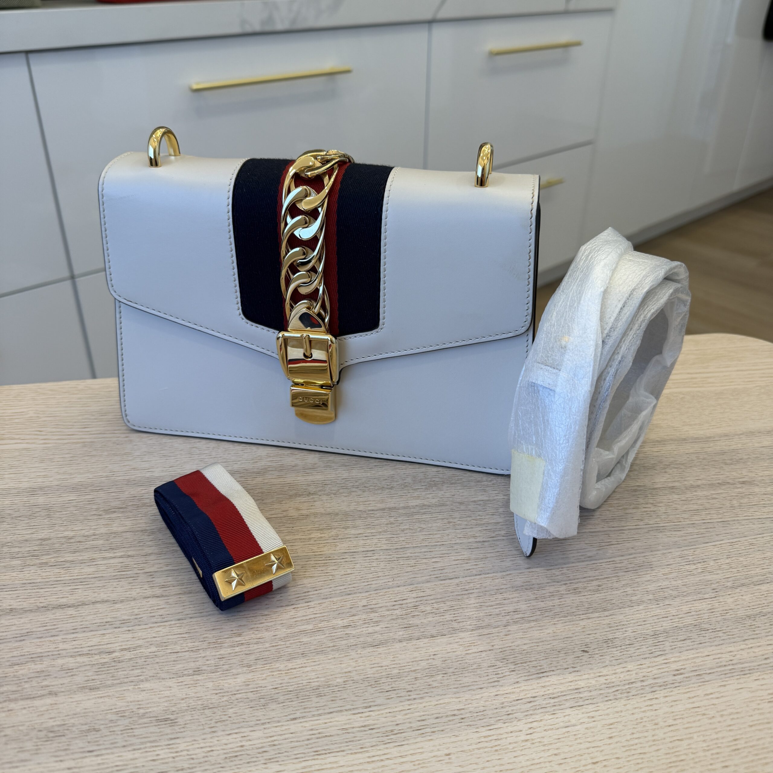 Gucci Calfskin Small Sylvie Shoulder Bag Hibiscus White