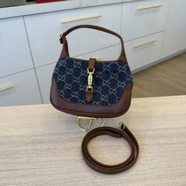 Gucci New Denim GG Monogram Calfskin Mini Jackie 1961 Hobo Blue Tea Cuir