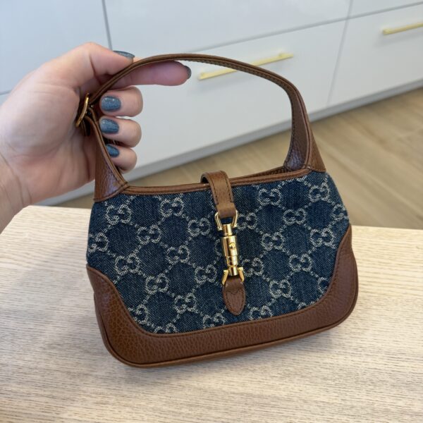 Gucci New Denim GG Monogram Calfskin Mini Jackie 1961 Hobo Blue Tea Cuir