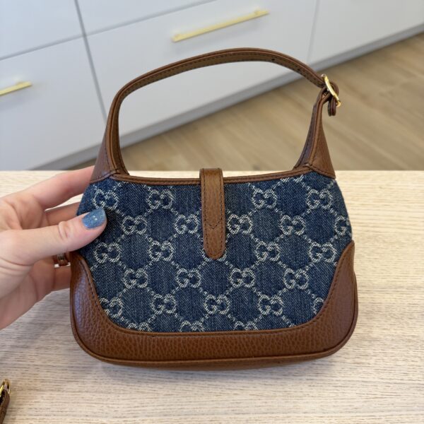 Gucci New Denim GG Monogram Calfskin Mini Jackie 1961 Hobo Blue Tea Cuir