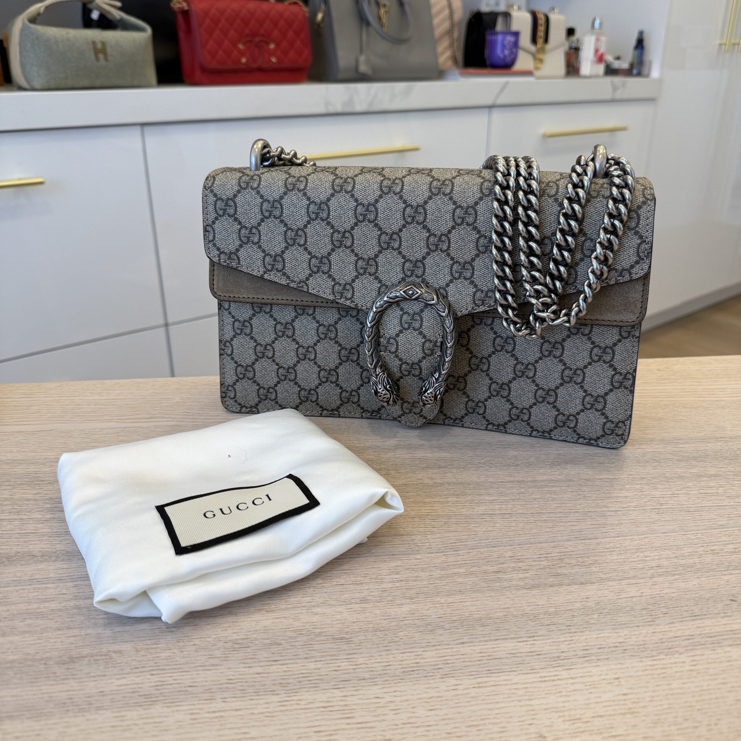 Gucci GG Supreme Monogram Small Dionysus Shoulder Bag Taupe