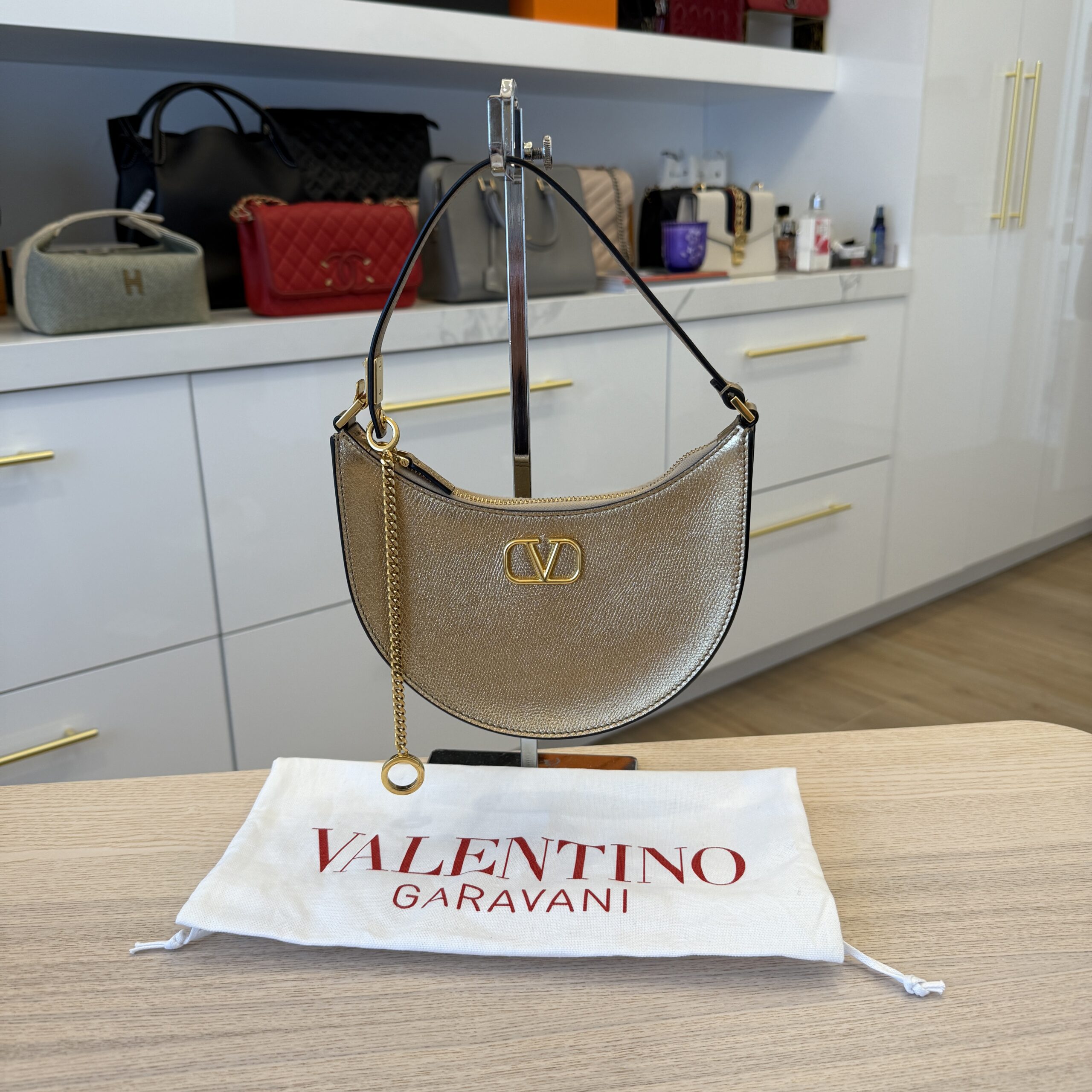 Valentino Mini Logo Signature Grainy Calfskin Hobo Bag Gold