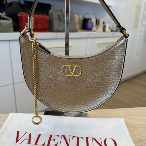 Valentino Mini Logo Signature Grainy Calfskin Hobo Bag Gold
