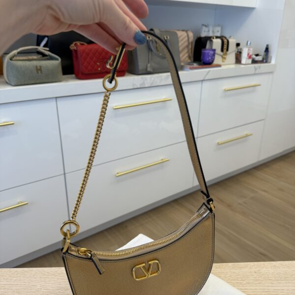 Valentino Mini Logo Signature Grainy Calfskin Hobo Bag Gold