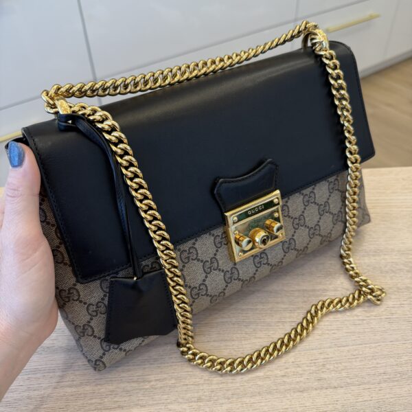 Gucci GG Supreme Monogram Calfskin Medium Padlock Shoulder Bag Beige Black Cuir