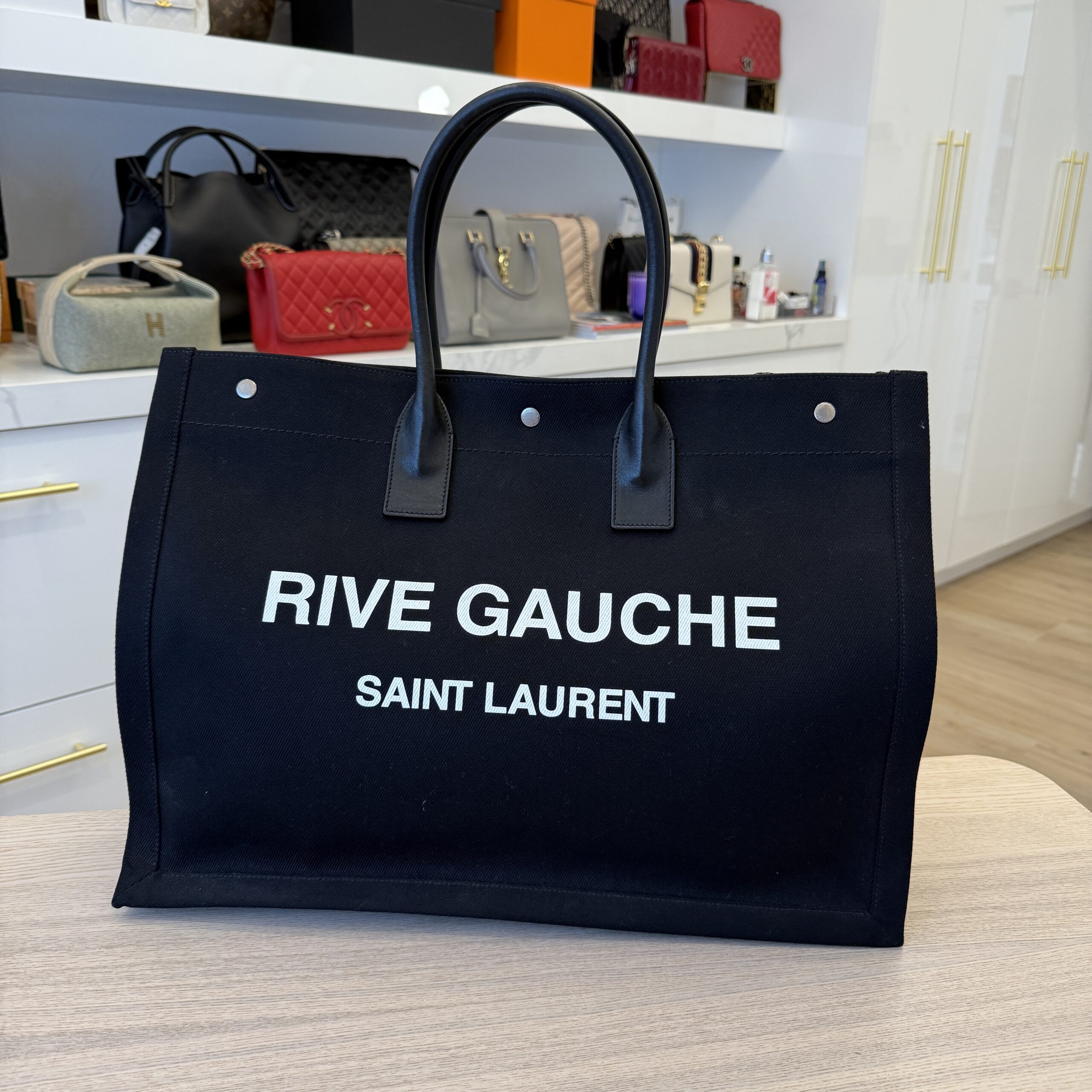 Saint Laurent YSL Linen Calfskin Rive Gauche Tote Black