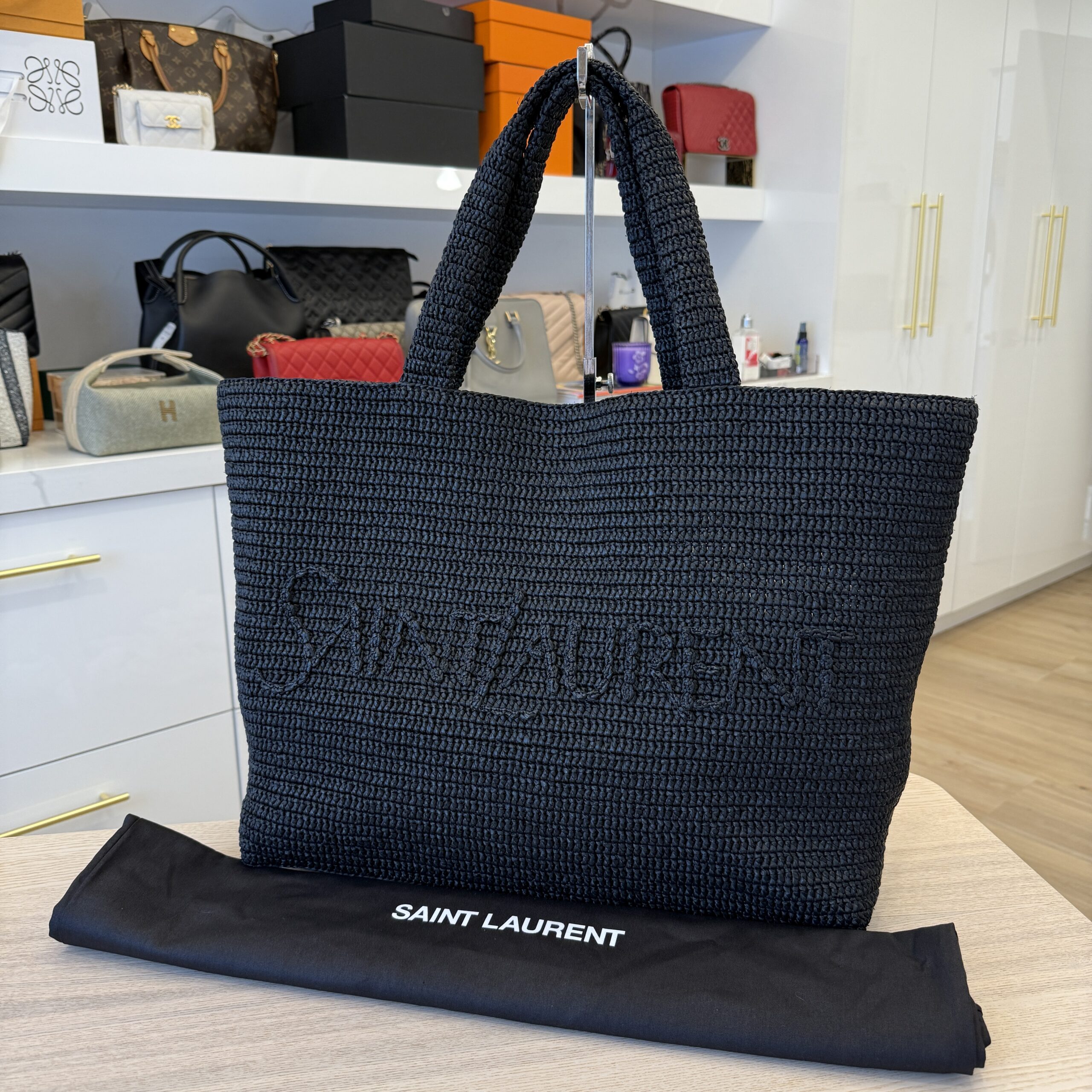 Saint Laurent Raffia Logo Tote Naturel