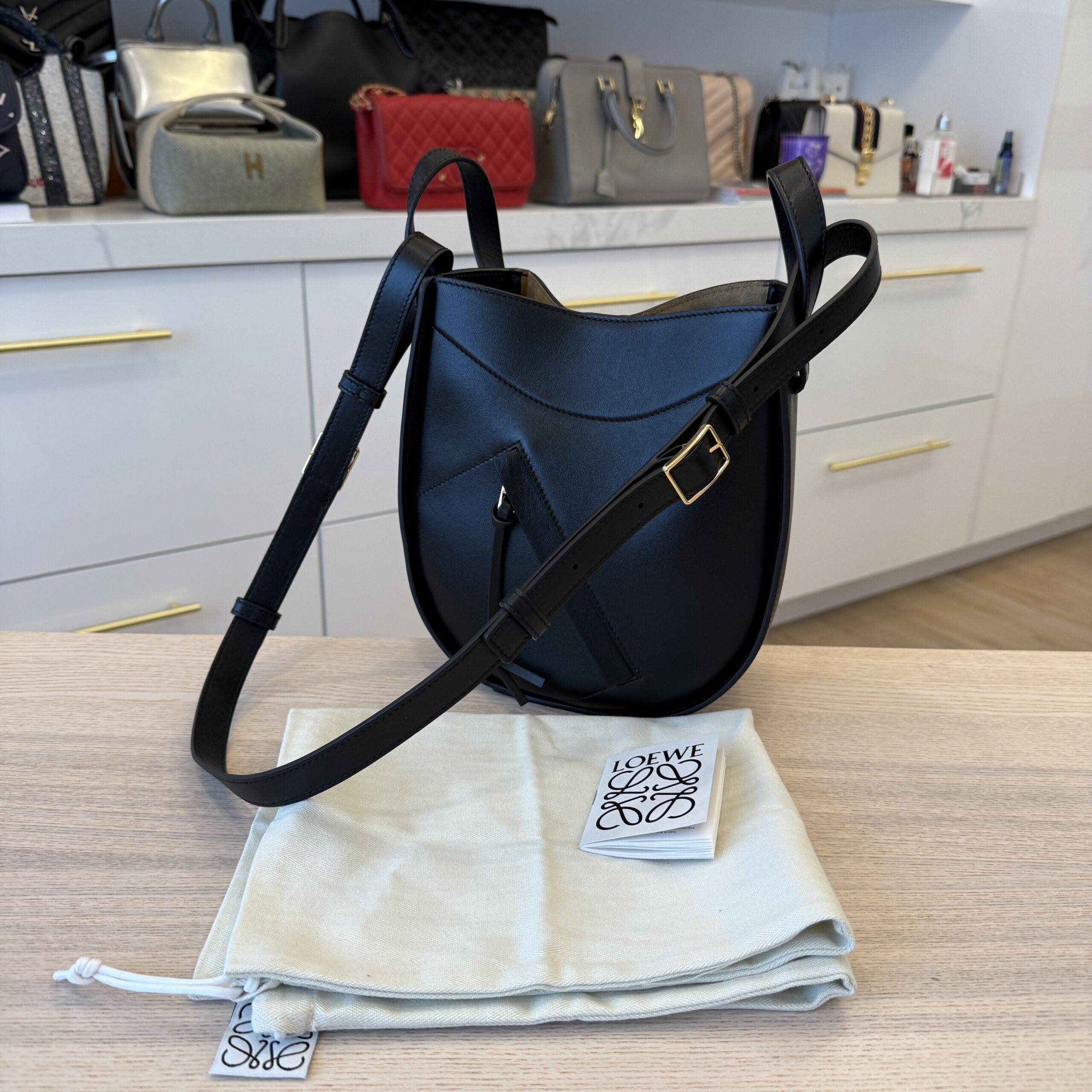 Loewe Hammock Slice Leather Hobo Bag Black