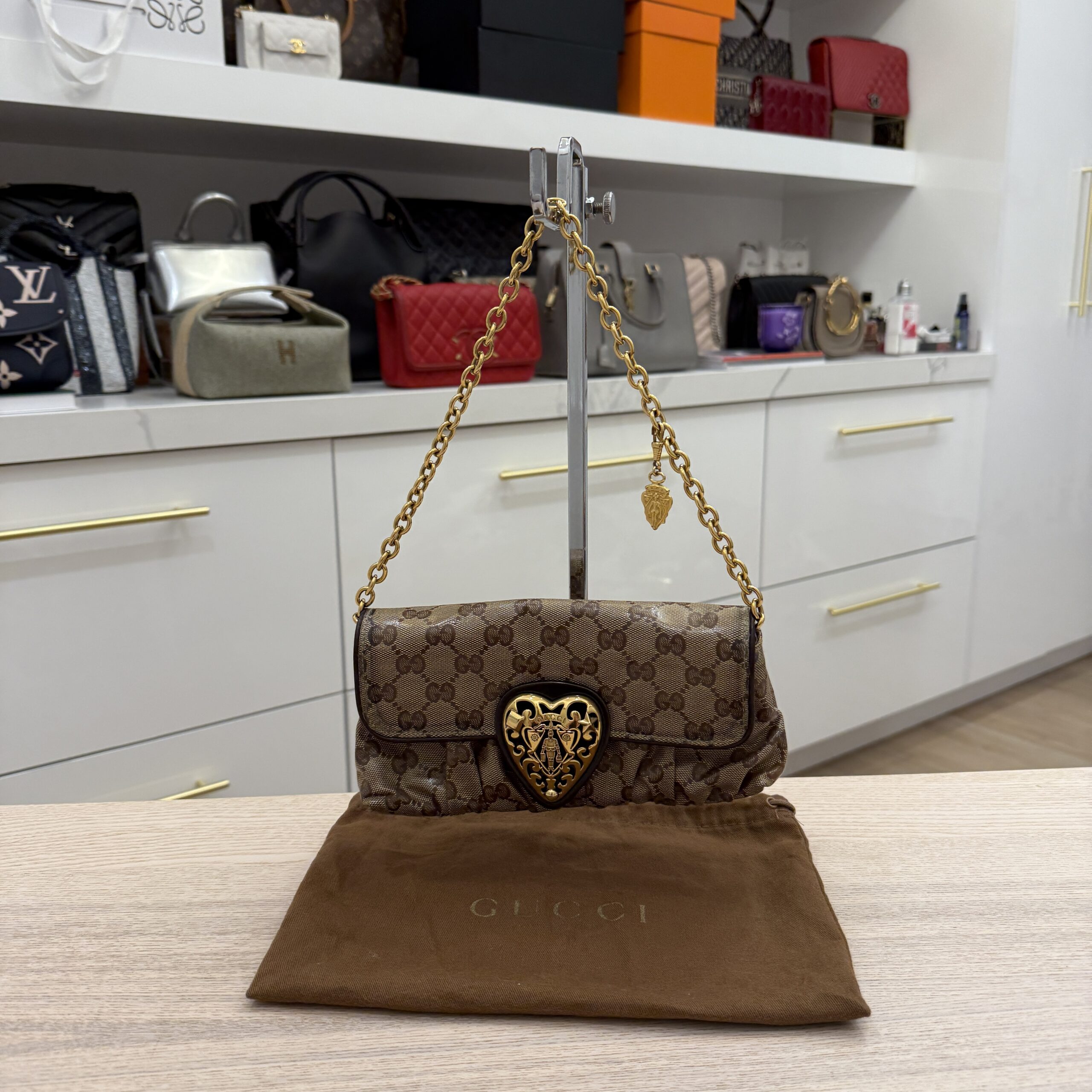 Gucci Beige GG Crystal Coated Canvas Babouska Heart Clutch Bag