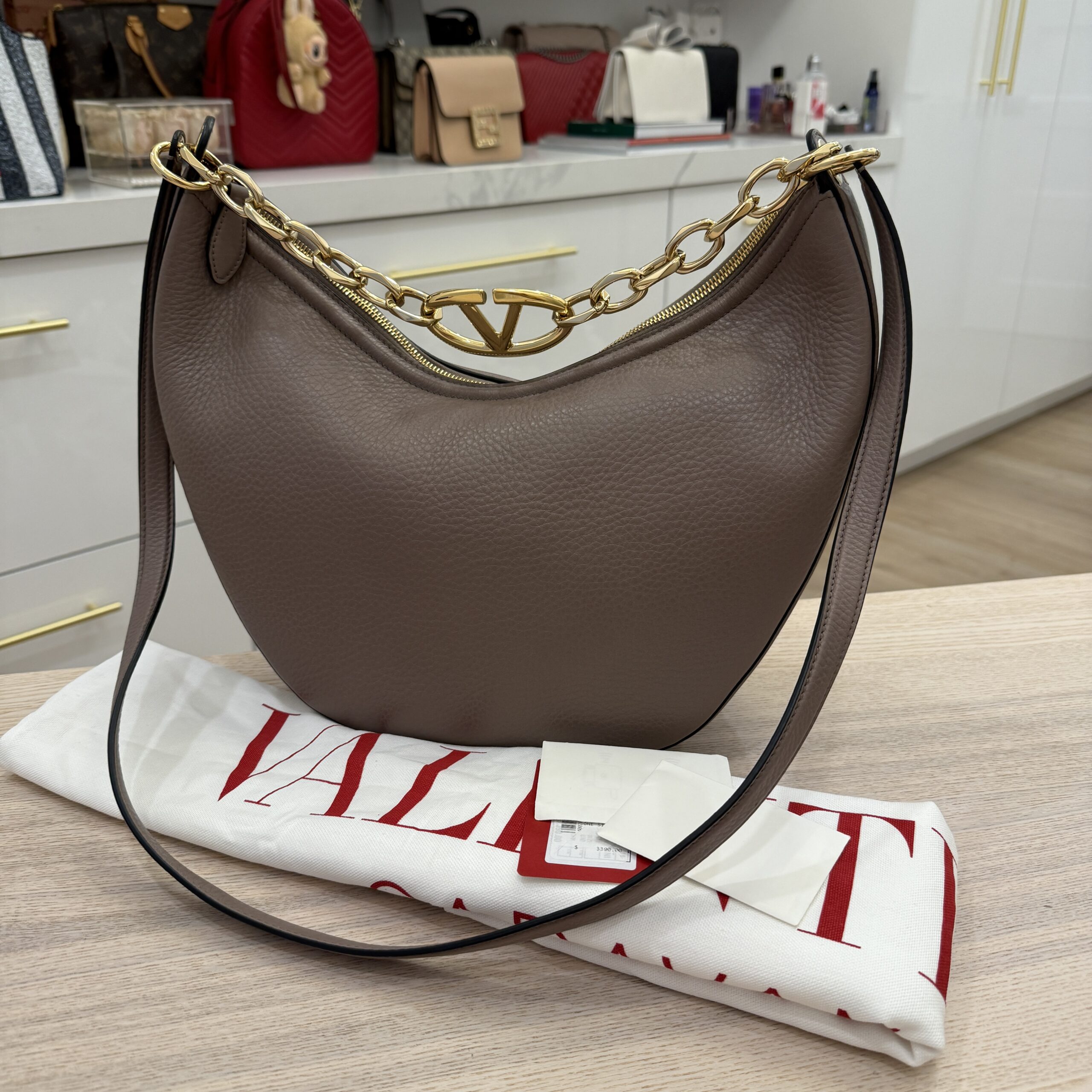 Valentino Garavani VLogo Moon Medium Grainy Calfskin Hobo Bag with Chain Clay