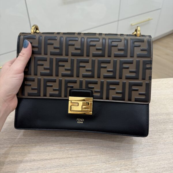 Fendi Vitello Liberty Bi-Color FF 1974 Embossed Kan U Shoulder Bag Black Maya