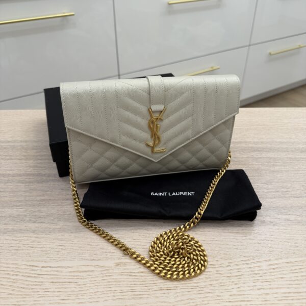 Saint Laurent Grain De Poudre Mixed Matelasse Triquilt Monogram Chain Wallet Cream Soft GHW