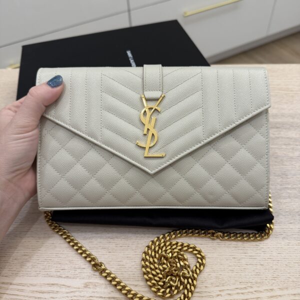 Saint Laurent Grain De Poudre Mixed Matelasse Triquilt Monogram Chain Wallet Cream Soft GHW