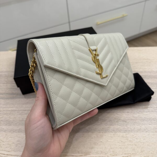 Saint Laurent Grain De Poudre Mixed Matelasse Triquilt Monogram Chain Wallet Cream Soft GHW