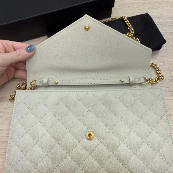 Saint Laurent Grain De Poudre Mixed Matelasse Triquilt Monogram Chain Wallet Cream Soft GHW