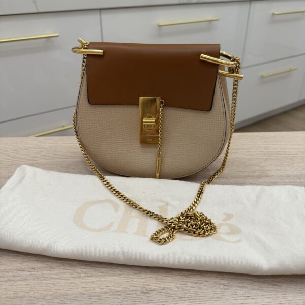 Chloe Grained Calfskin Lambskin Mini Bi-Color Drew Shoulder Bag Powder Beige Caramel