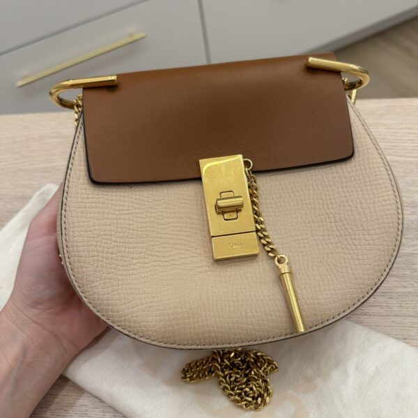 Chloe Grained Calfskin Lambskin Mini Bi-Color Drew Shoulder Bag Powder Beige Caramel