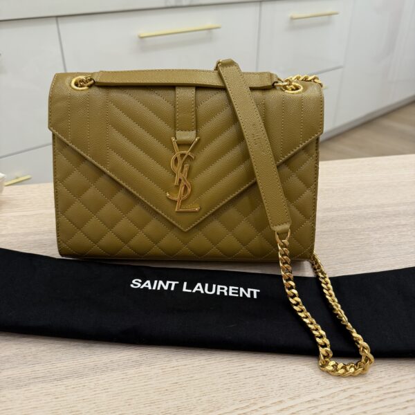 Saint Laurent Envelope Medium in Quilted Grain De Poudre Golden Olive Gold Hardware