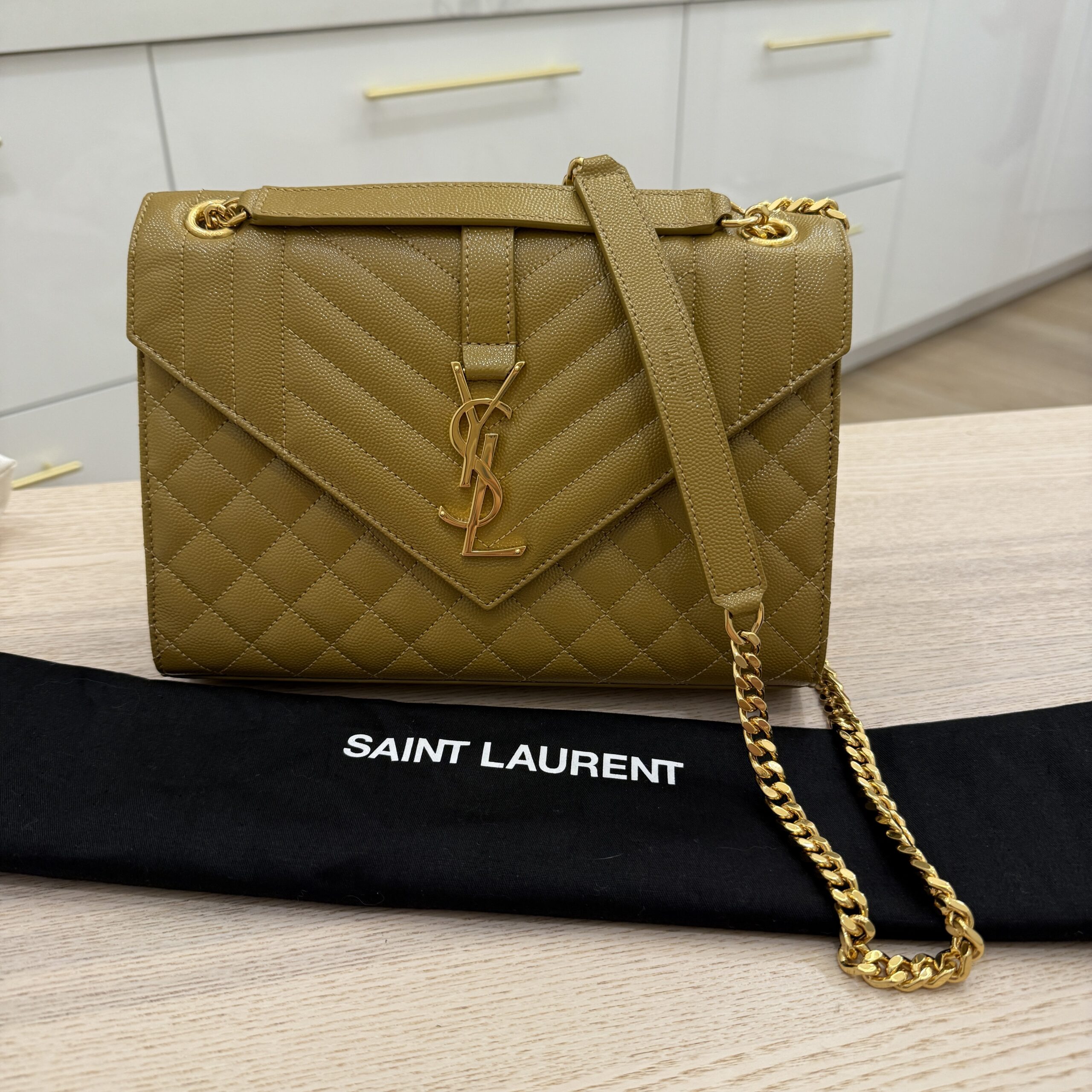 Saint Laurent Envelope Medium in Quilted Grain De Poudre Golden Olive Gold Hardware
