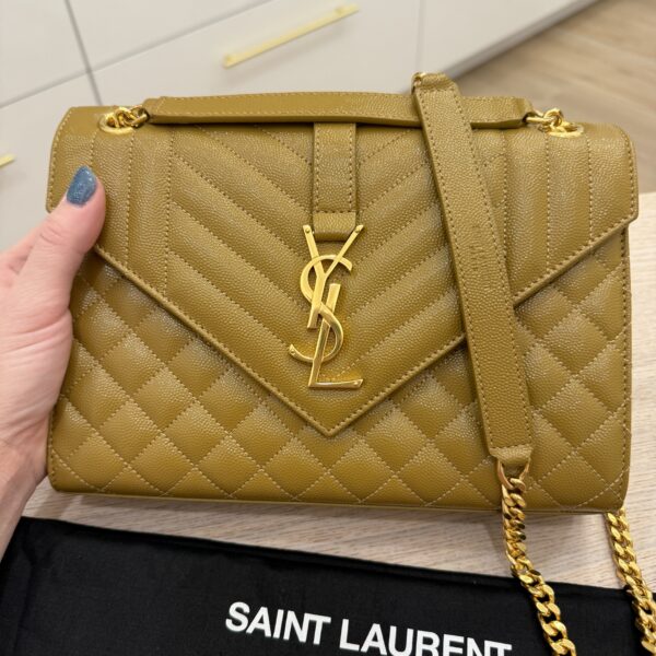 Saint Laurent Envelope Medium in Quilted Grain De Poudre Golden Olive Gold Hardware