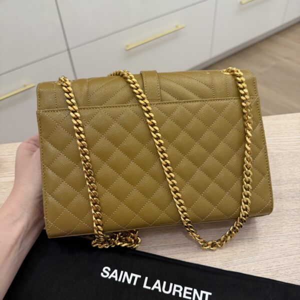 Saint Laurent Envelope Medium in Quilted Grain De Poudre Golden Olive Gold Hardware